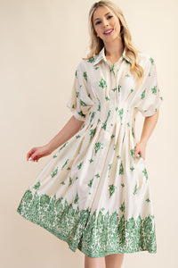Pleated Border Print Midi Dress