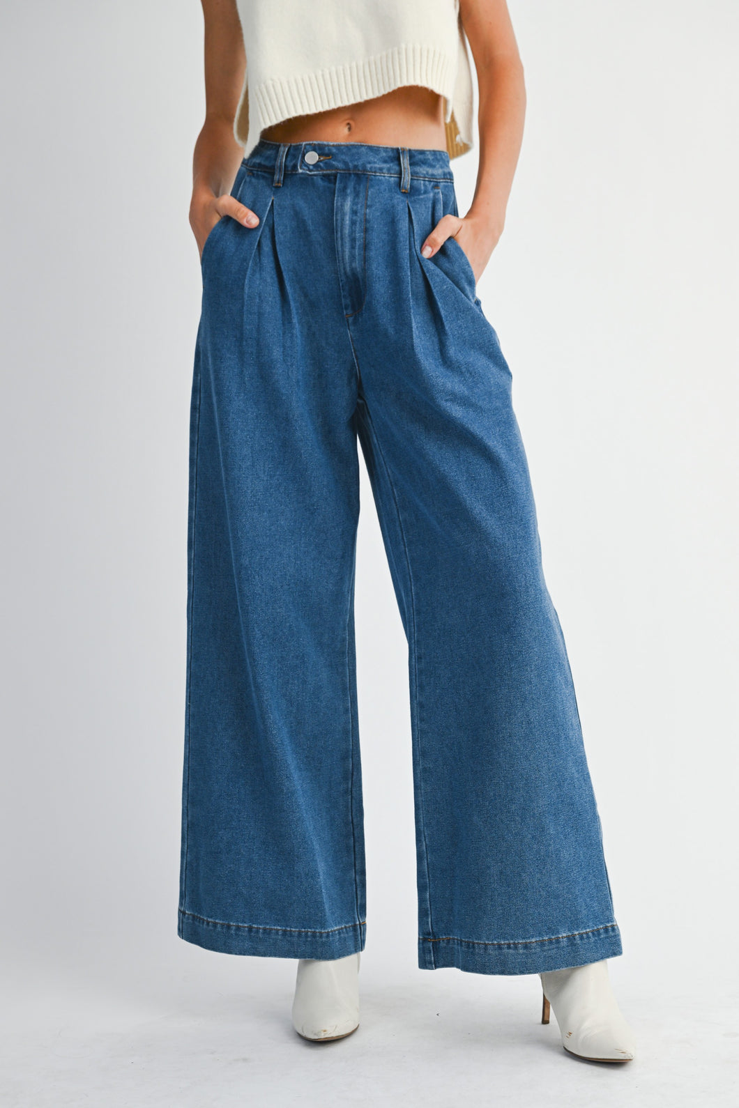 Pleated Wide Leg Denim Jean