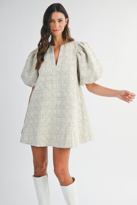 Tweed Puff Sleeve Mini Dress