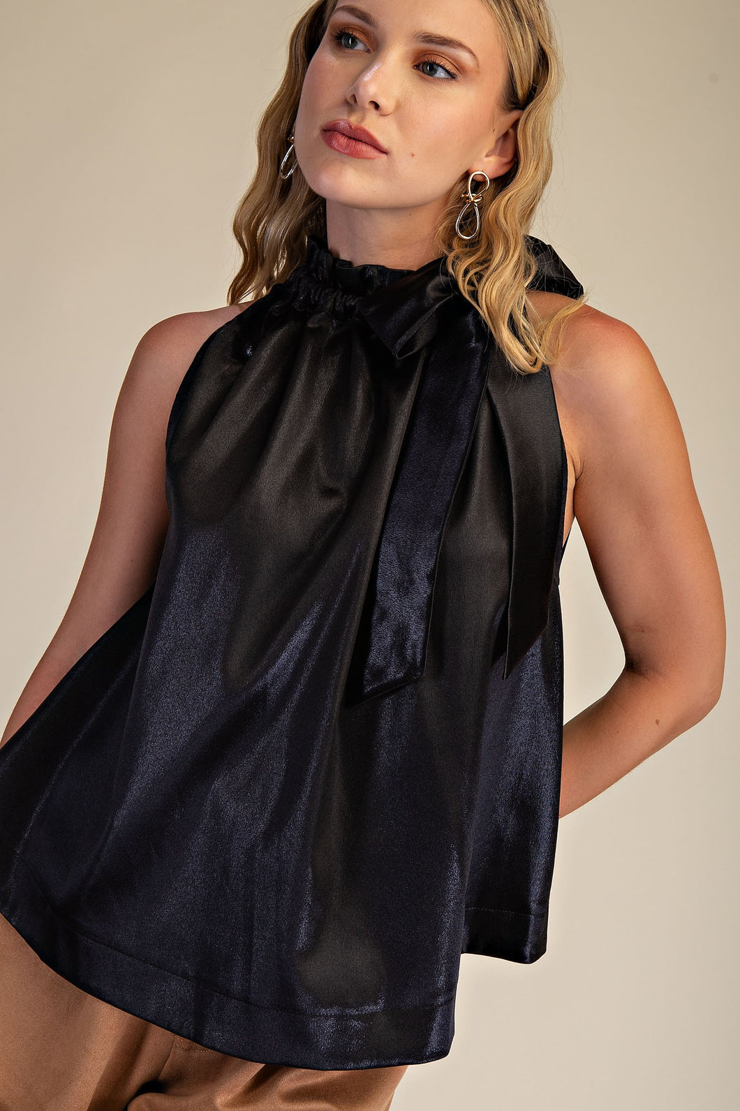 Ruffle Neck Tie Sleeveless Top