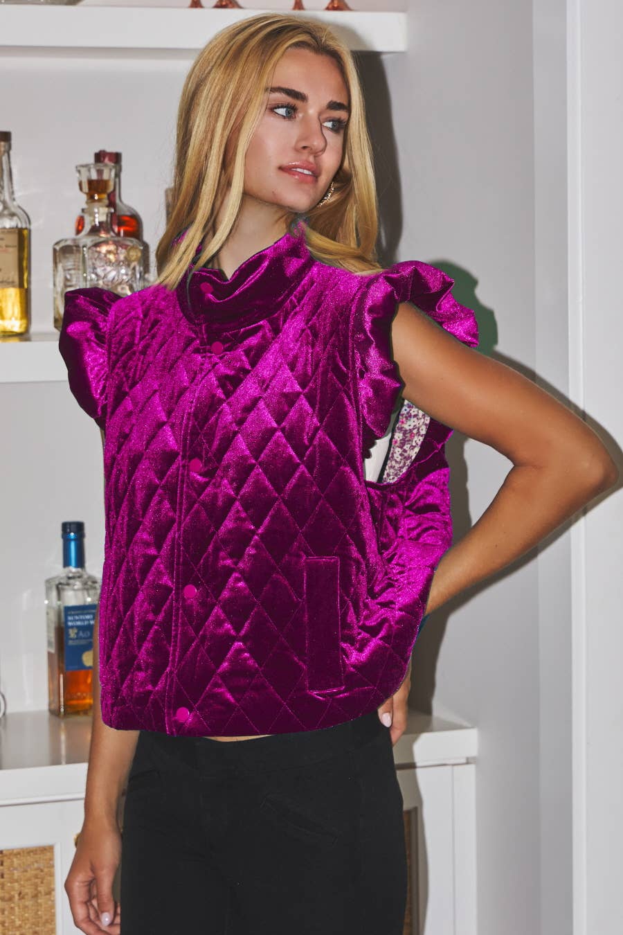 Quilted Velvet Flutter Ruffle Sleeve Vest