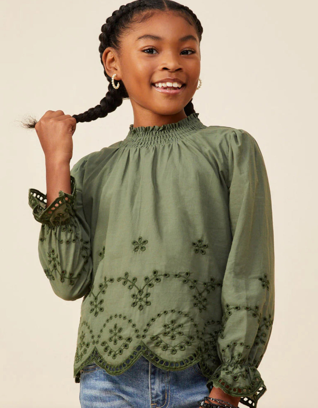 Olive Eyelet Top